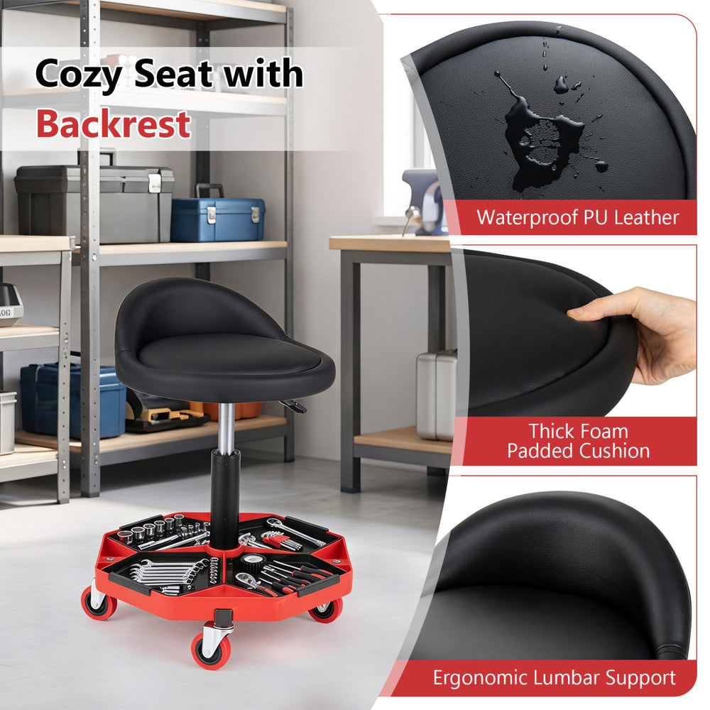 Height adjustable garage seat with ergonomic backrest, waterproof PU leather cushion, and detachable storage tray for tools.