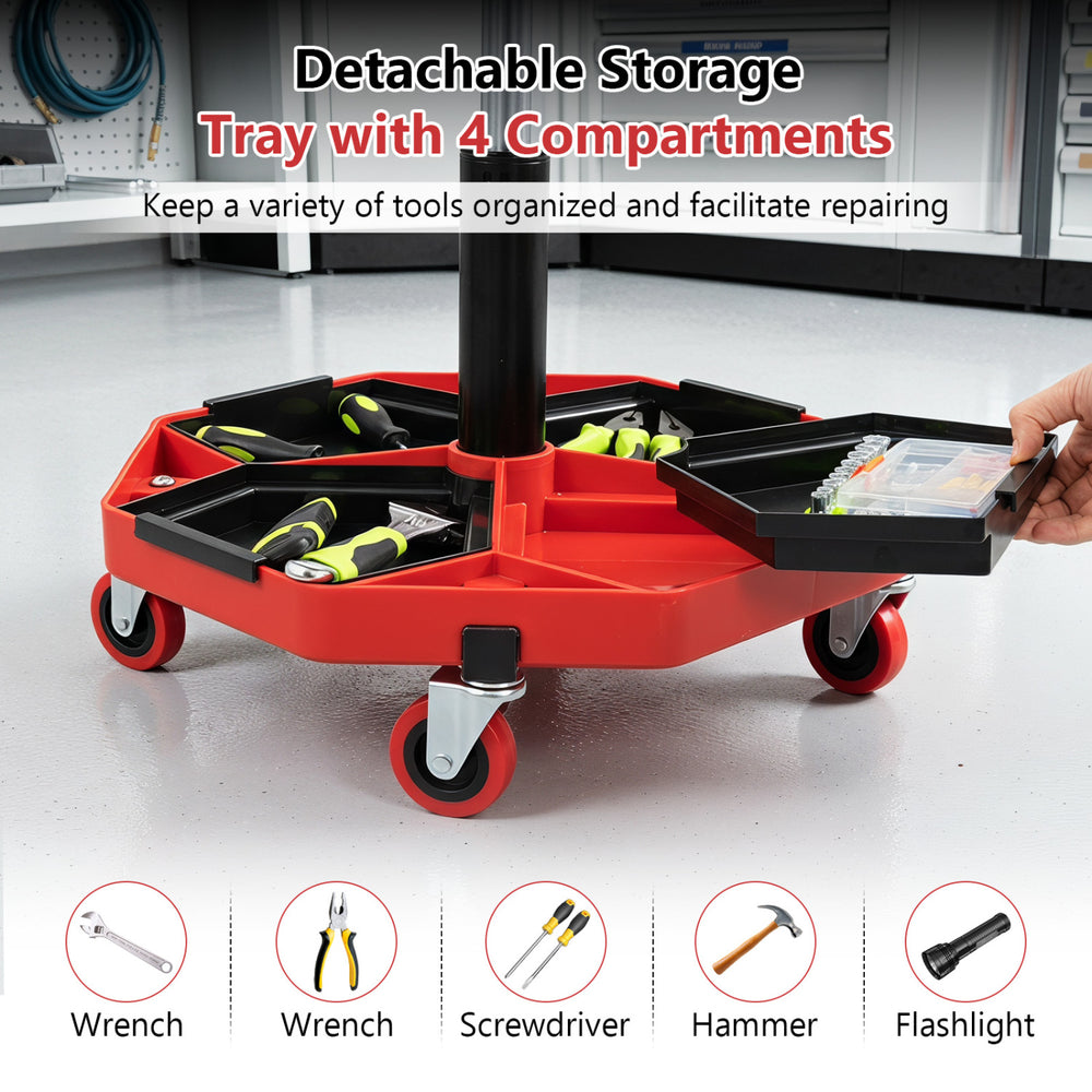 Height adjustable garage seat with a black-red PU leather cushion and detachable storage tray for organized tools.