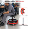 Height adjustable garage seat with a black and red PU leather cushion and reinforced X-shaped base for tool organization.