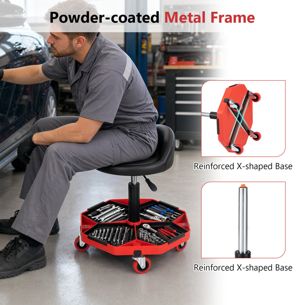 Height adjustable garage seat with a black and red PU leather cushion and reinforced X-shaped base for tool organization.