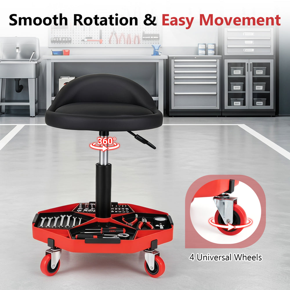Height adjustable garage seat with a black-red PU leather cushion and 4 universal wheels for smooth movement and comfort.