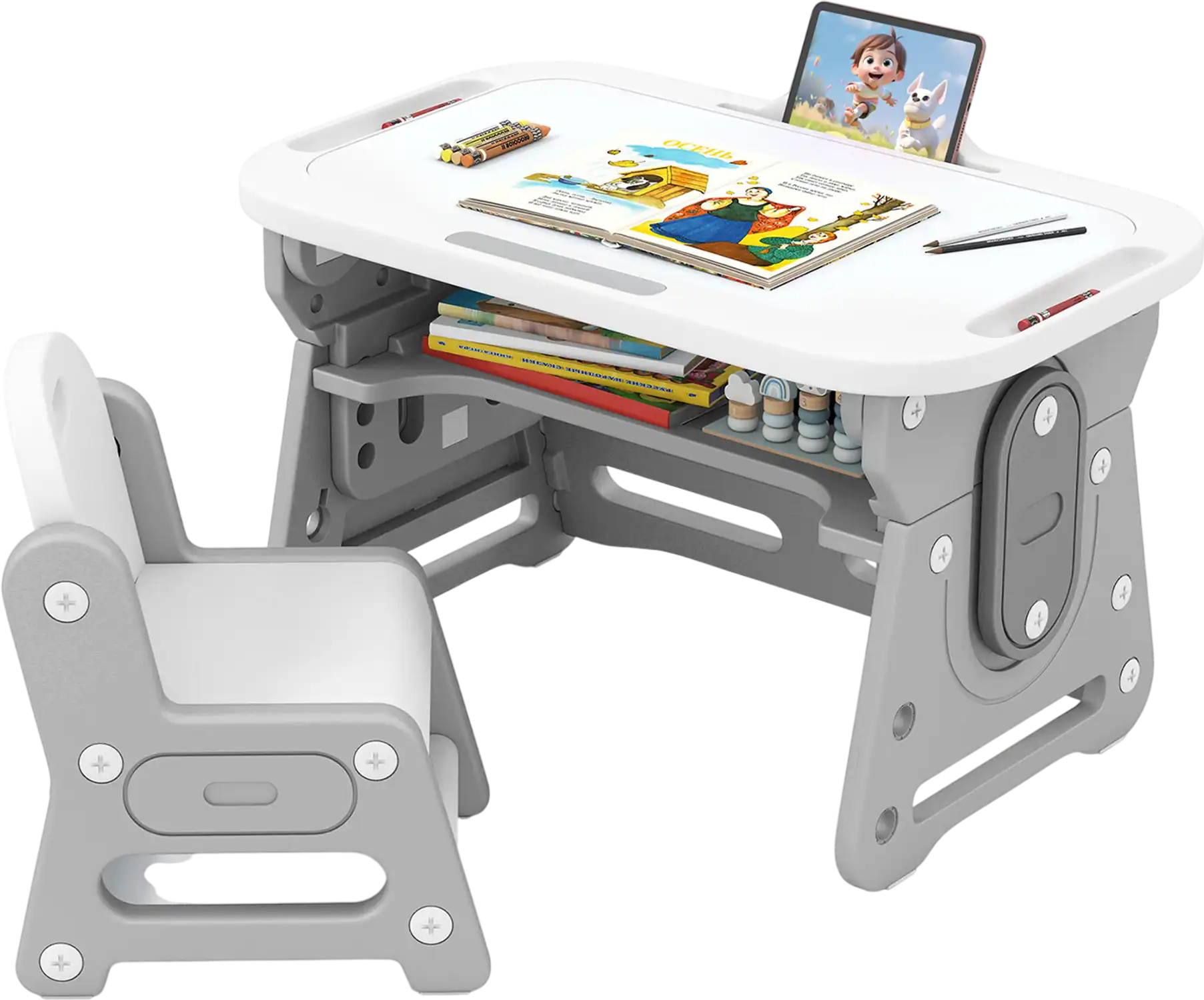 Costway Height Adjustable Kids Table & Chair Set w/ Tiltable Whiteboard Shelf 21393843 New