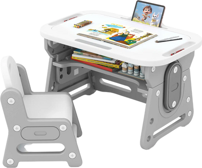 Costway Height Adjustable Kids Table & Chair Set w/ Tiltable Whiteboard Shelf 21393843 New