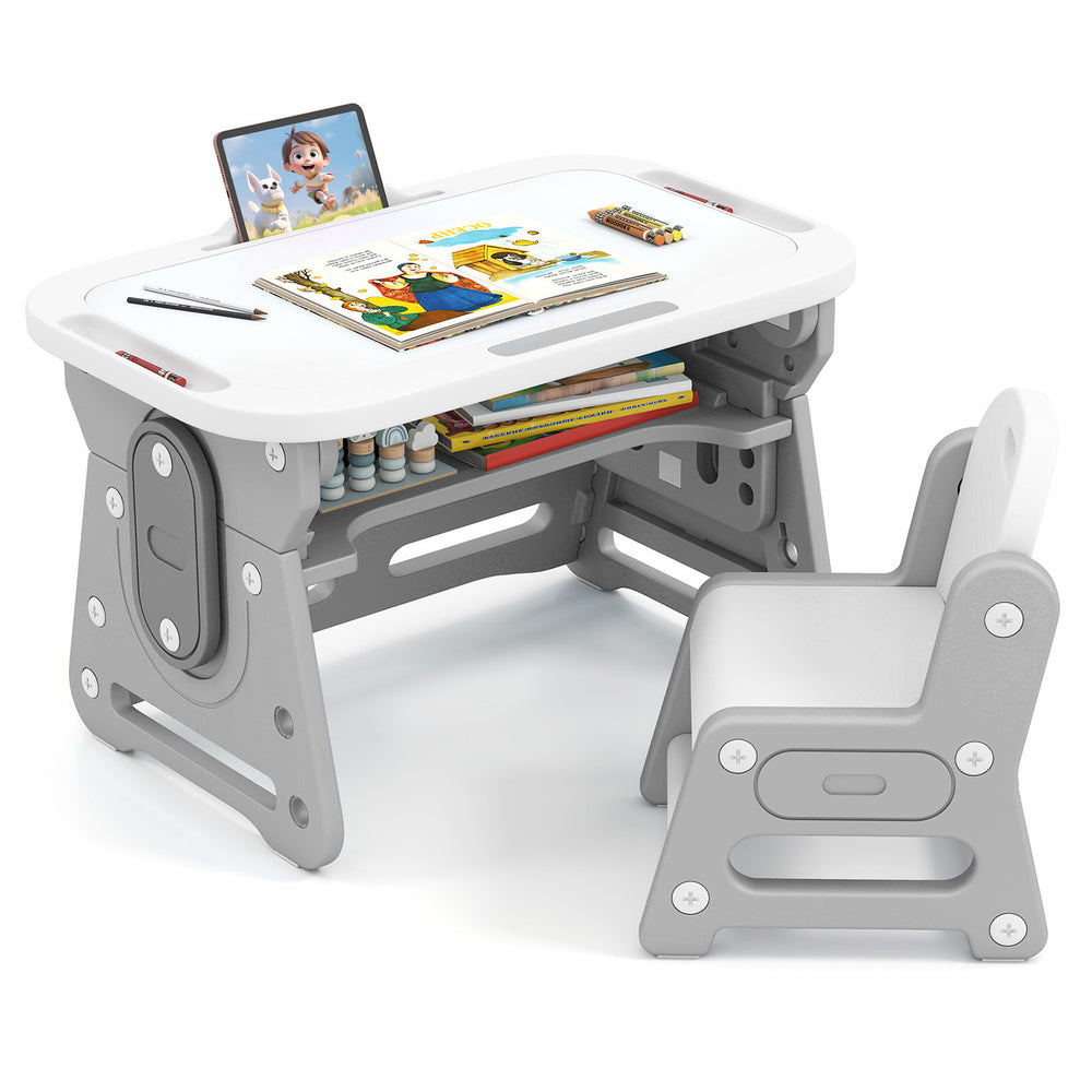 Height adjustable kids table and chair set in gray with tiltable whiteboard, ideal for studying and drawing.