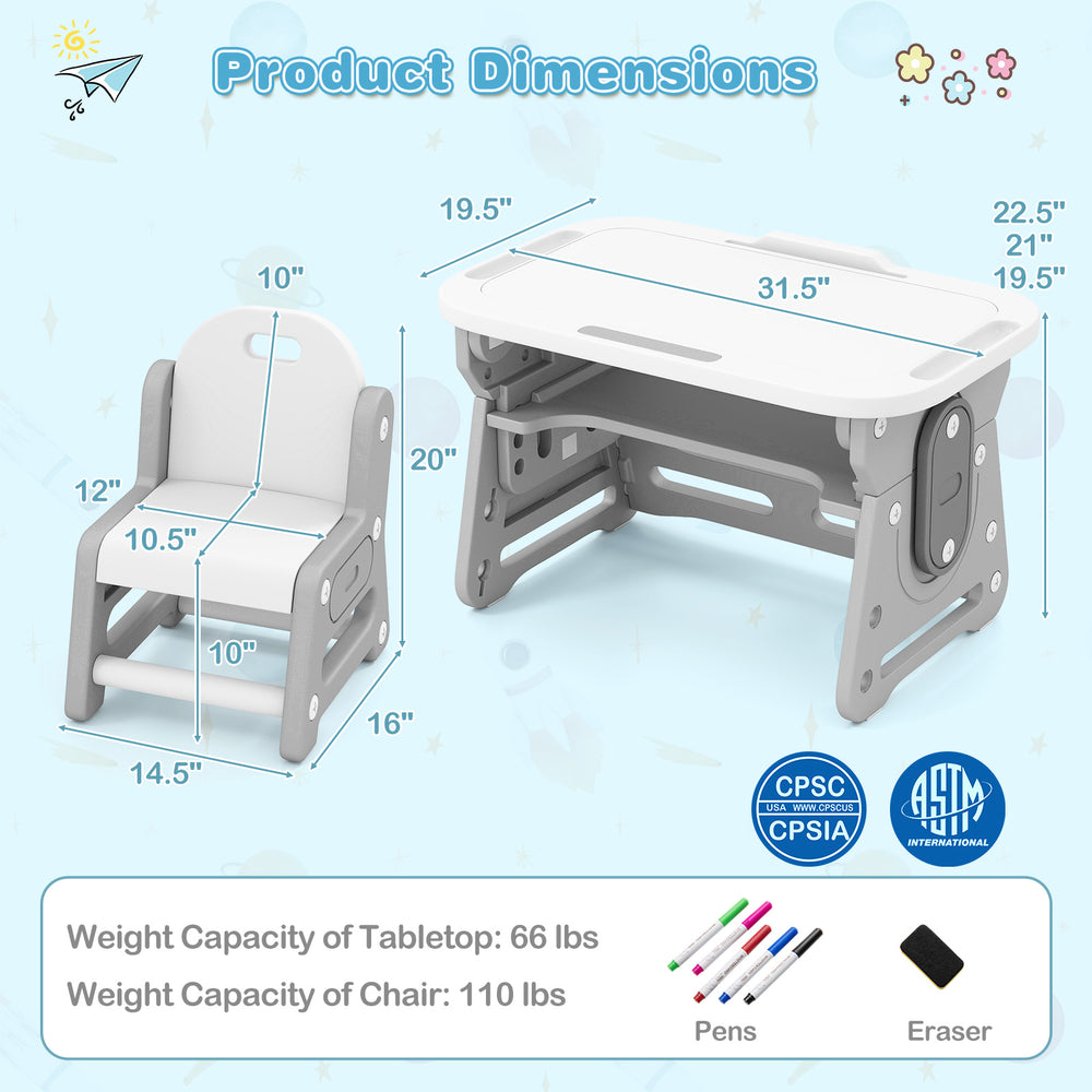 Product dimensions for height adjustable kids table and chair set, showcasing size specifications for optimal use in.