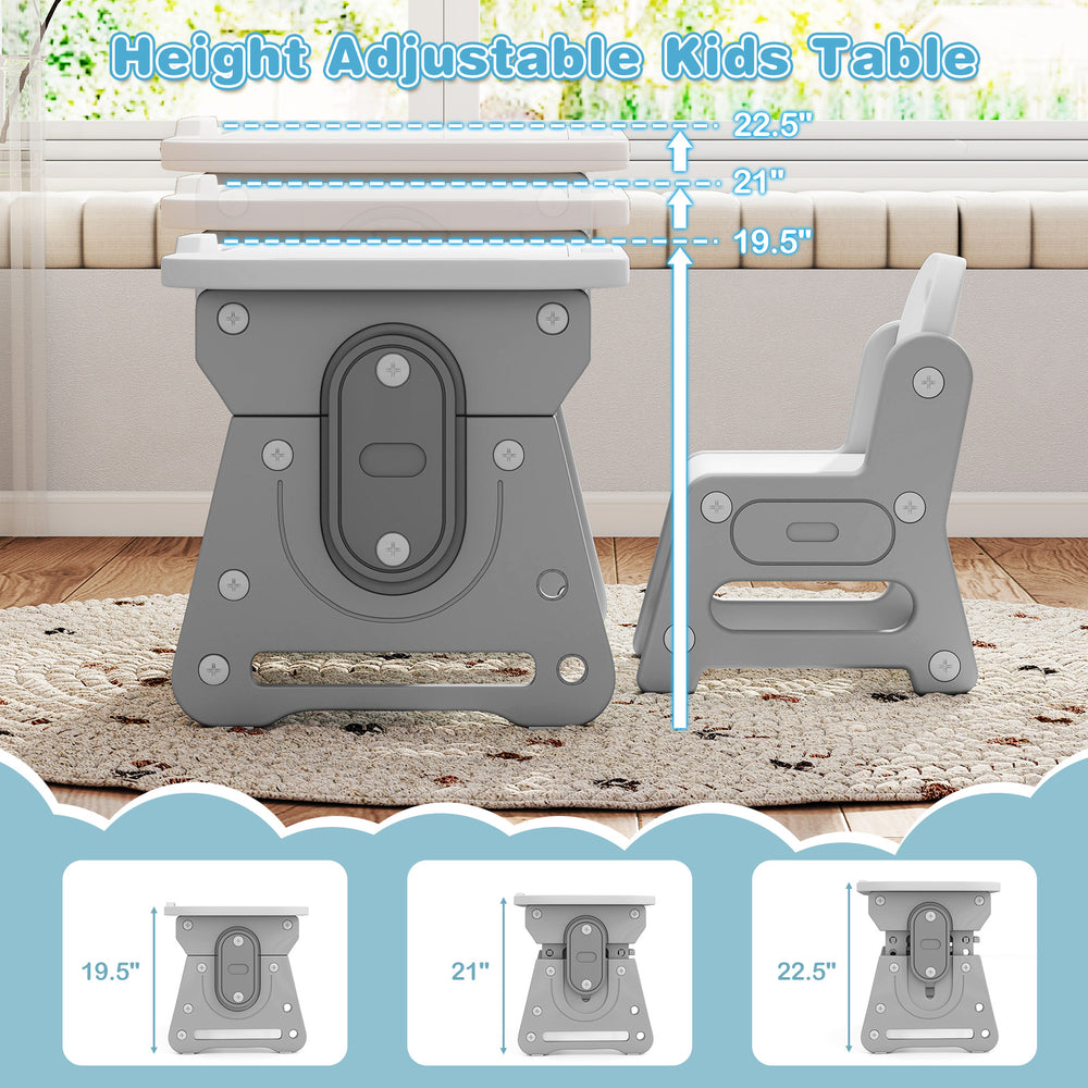 Height adjustable kids table and chair set in gray with tiltable whiteboard, perfect for drawing and studying.