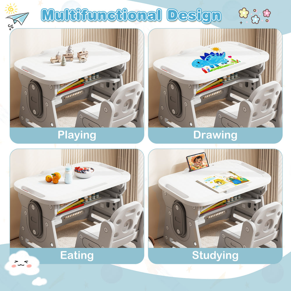 Height adjustable kids table and chair set in gray, featuring a tiltable whiteboard for drawing and studying activities.