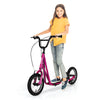 Height adjustable pink kick scooter with 12" air filled wheels, suitable for kids over 8 years for smooth riding.