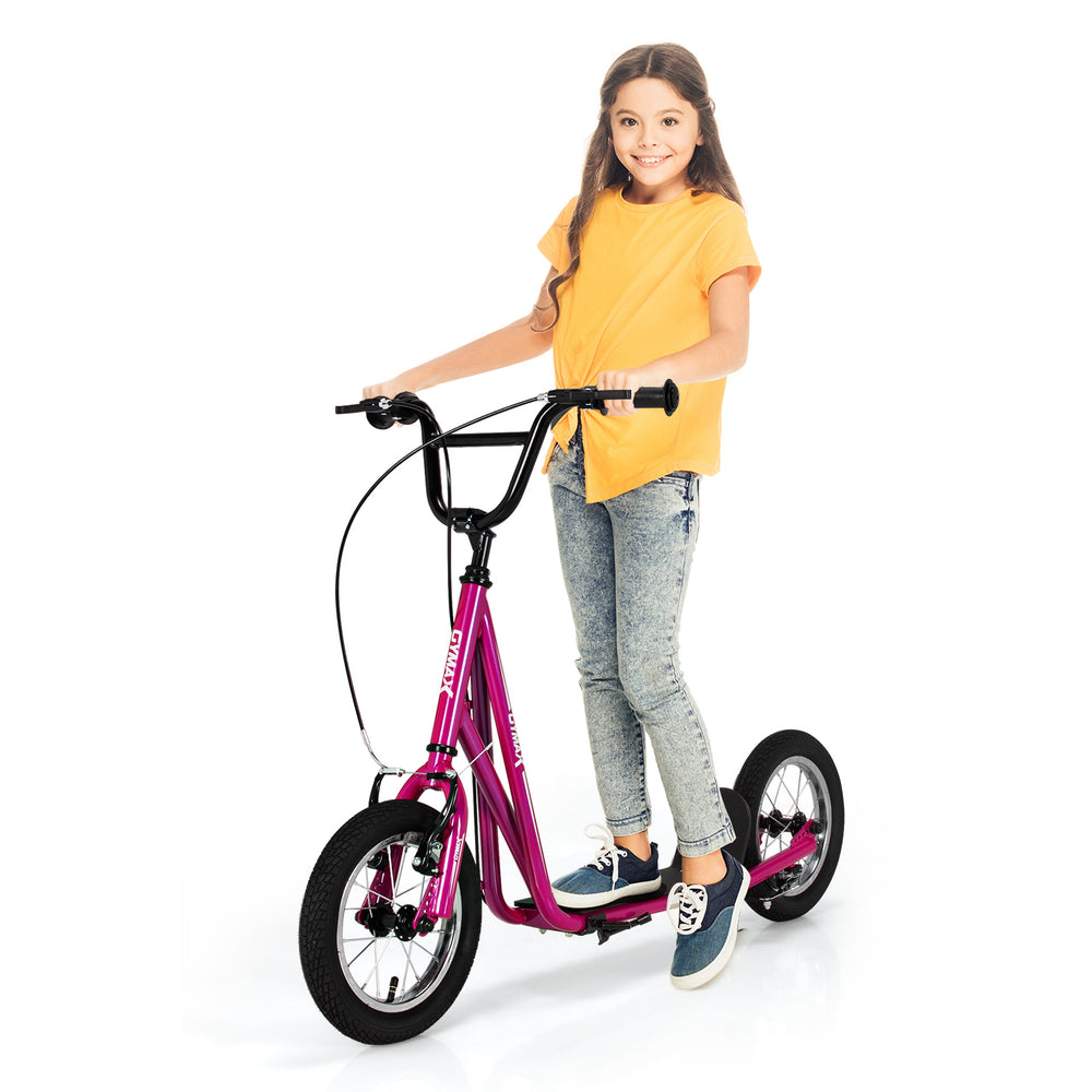 Height adjustable pink kick scooter with 12" air filled wheels, suitable for kids over 8 years for smooth riding.