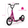 Height adjustable pink kick scooter with 12" air filled wheels, suitable for users up to 165 lbs, ideal for kids 8+.