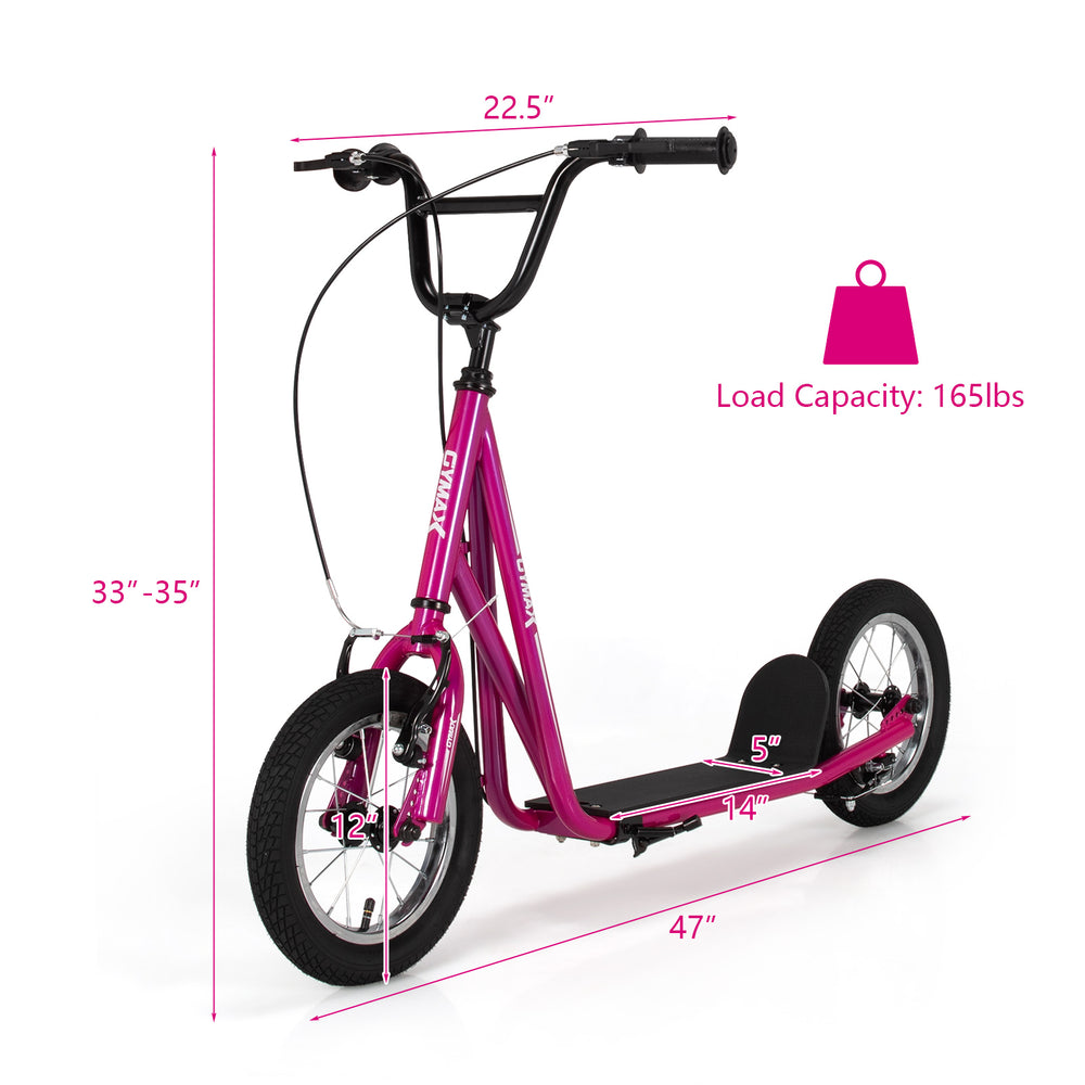 Height adjustable pink kick scooter with 12" air filled wheels, suitable for users up to 165 lbs, ideal for kids 8+.