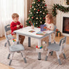 Height adjustable kids table with four chairs, featuring a graffiti desktop and two storage baskets for creative play.