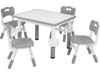 Height adjustable kids' table set with four gray chairs, featuring a graffiti desktop and two storage baskets for art projects.