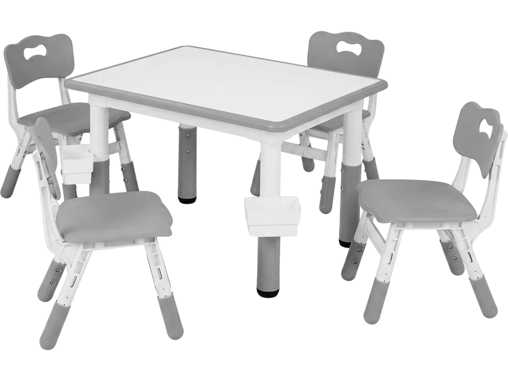 Height adjustable kids' table set with four gray chairs, featuring a graffiti desktop and two storage baskets for art projects.