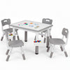 Height adjustable kids table and four gray chairs set with graffiti desktop and storage baskets for versatile play.