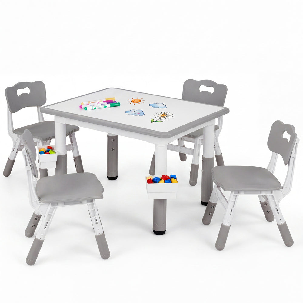 Height adjustable kids table and four gray chairs set with graffiti desktop and storage baskets for versatile play.
