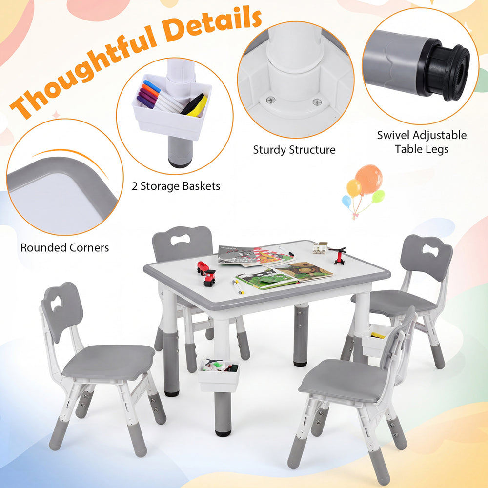 Height adjustable kids' table and 4 chairs set in gray with graffiti desktop and 2 storage baskets for versatile use.