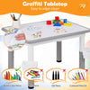 Height adjustable kids table with a graffiti desktop, perfect for drawing and activities, includes 4 chairs and storage baskets.