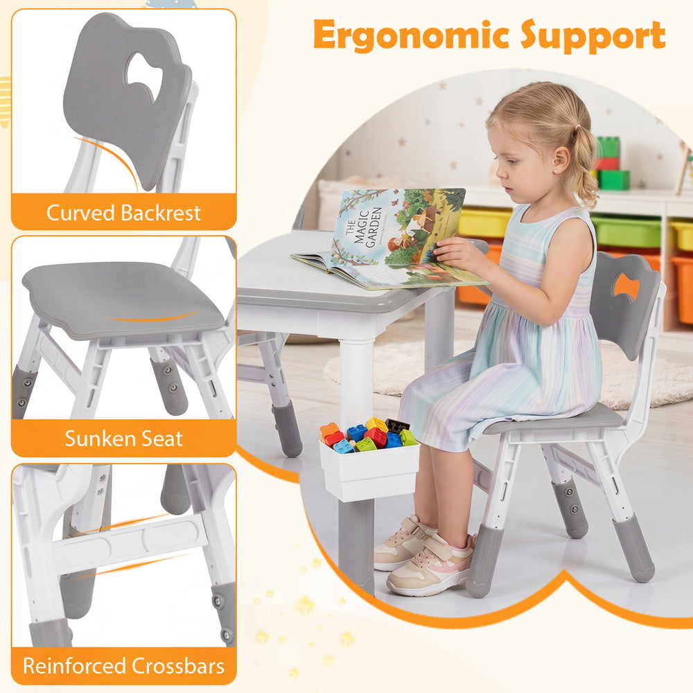 Height adjustable kids' chair with curved backrest and sunken seat for ergonomic support and comfort during activities.