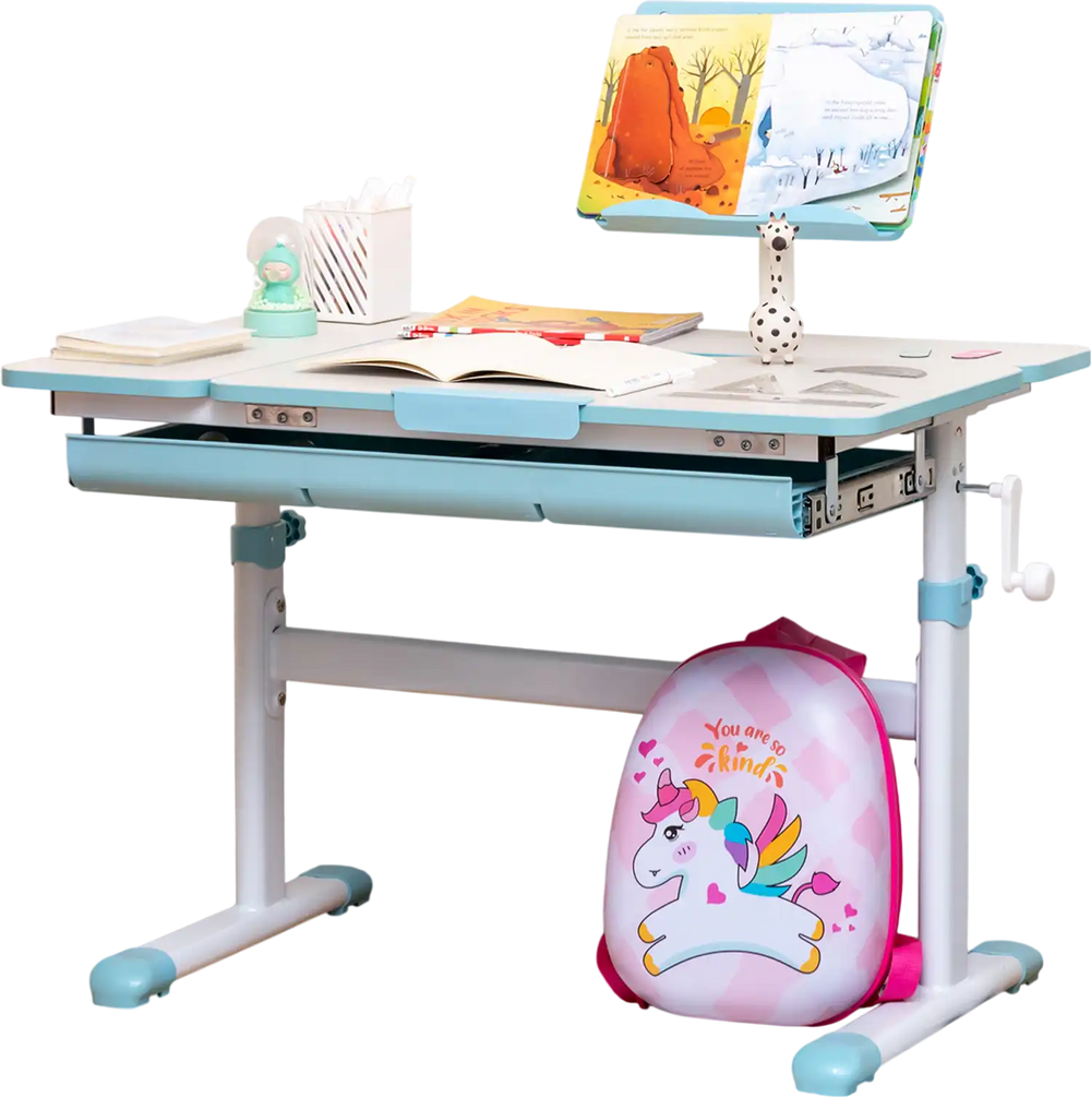 Height-adjustable kids desk in blue with tilt desktop and book stand, perfect for study and playroom use.