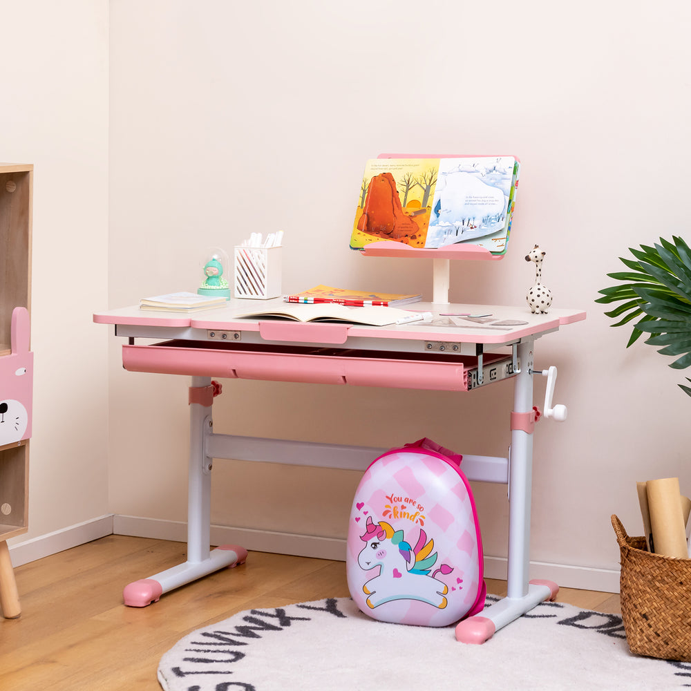 Height-Adjustable Kids Desk with Tilt Desktop and Book Stand-Pink - Gallery View 1 of 10