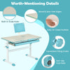 Height-adjustable kids desk in blue with tilt desktop, round edges, and easy-to-clean surface for versatile use.
