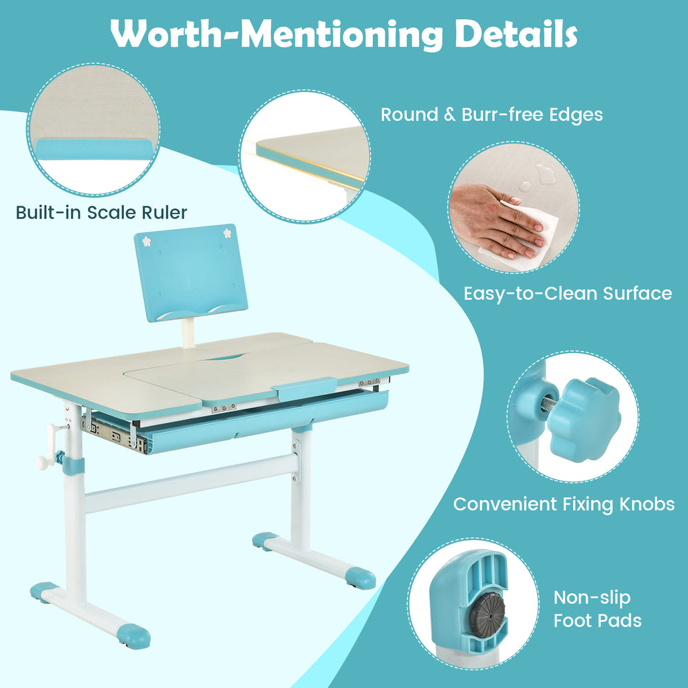 Height-adjustable kids desk in blue with tilt desktop, round edges, and easy-to-clean surface for versatile use.