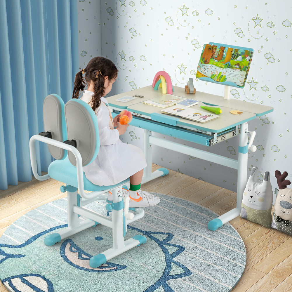 Height-adjustable kids desk in blue with tilt desktop, featuring a spacious tabletop and safe round edges for versatile.