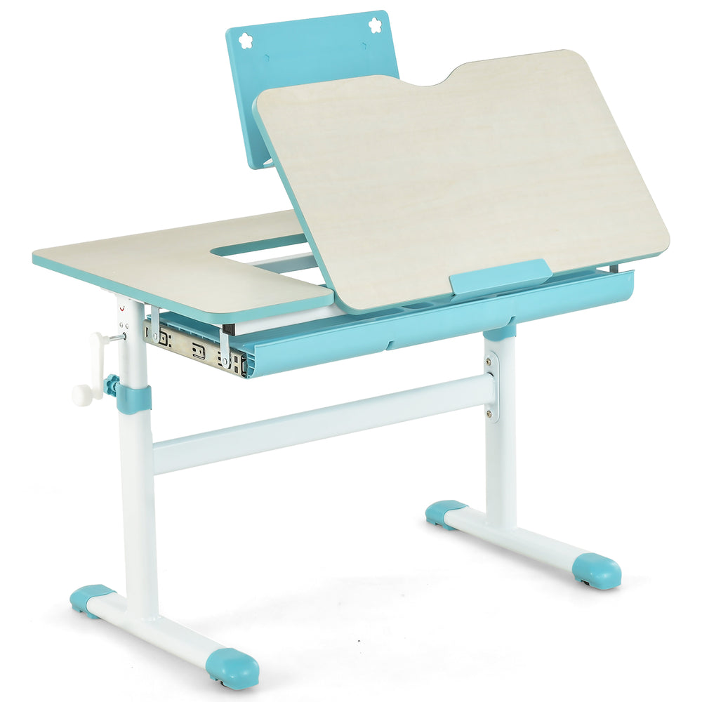 Height-adjustable kids desk in blue with a tilt desktop, ideal for various activities and safe rounded edges.