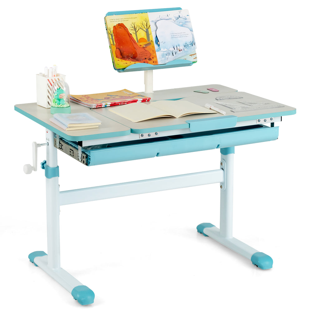 Height-adjustable kids desk in blue with tilt desktop, book stand, and spacious storage drawer for versatile use.