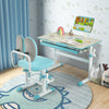 Height-adjustable kids desk in blue with tilt desktop, book stand, and spacious storage for safe and versatile use.