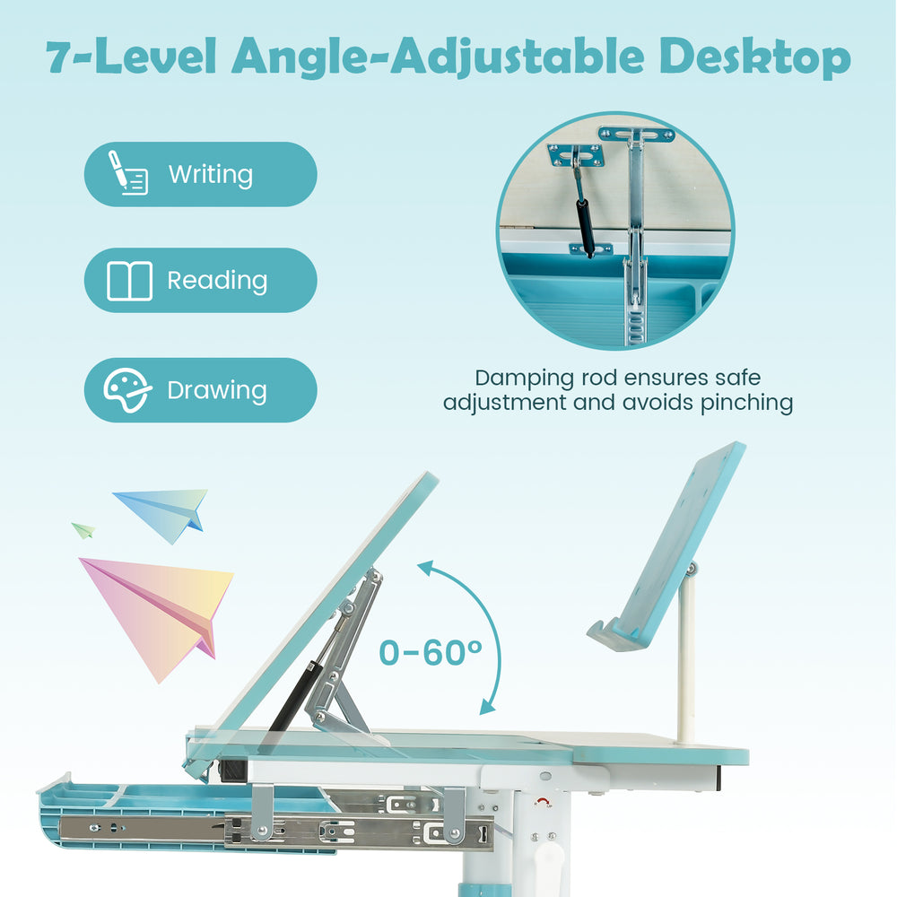 Height-adjustable kids desk with a 7-level angle-adjustable blue desktop, ideal for writing, reading, and drawing.