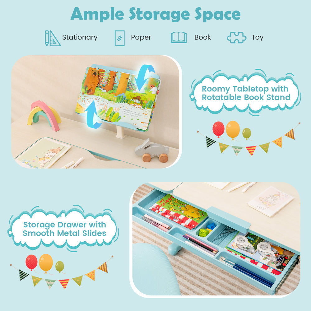 Height-adjustable kids desk in blue with a spacious tabletop, rotatable book stand, and smooth storage drawer for toys.