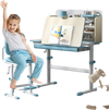 Height adjustable kids study desk in blue with tilt desktop, designed for ages 3-12, featuring a hutch and storage.