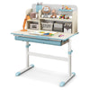 Height adjustable kids study desk in blue with tilt desktop, hutch, and large drawer for storage, ideal for ages 3-12.