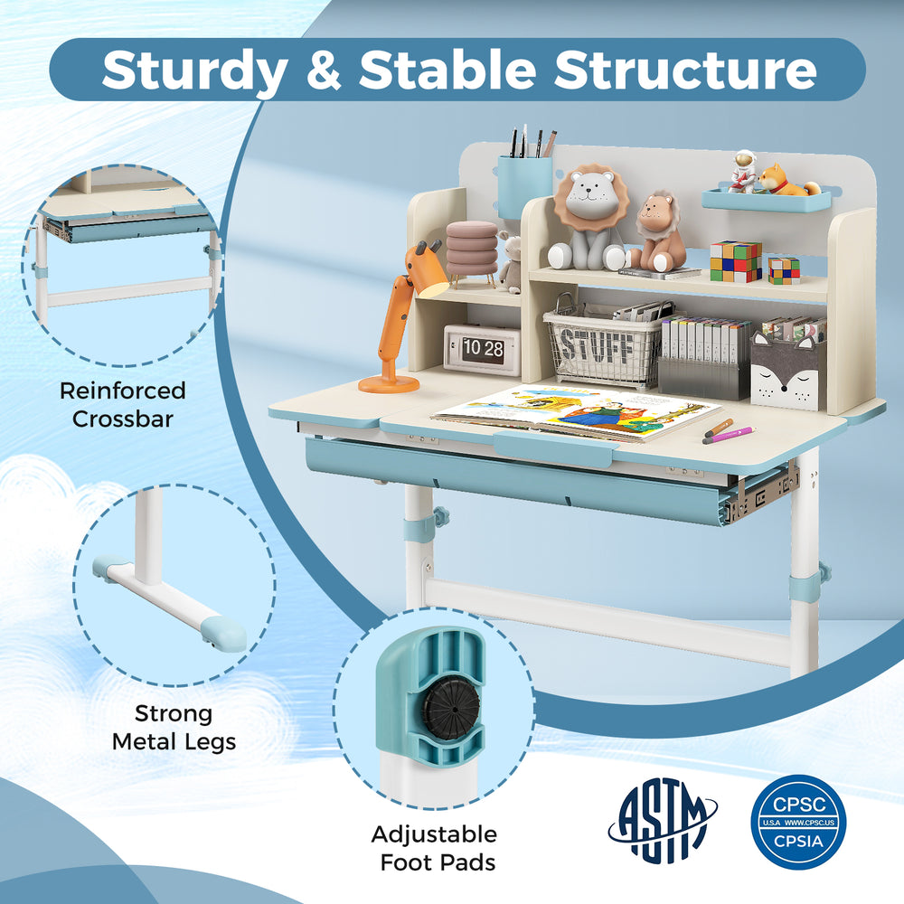 Height adjustable kids study desk in blue with a tilt desktop, sturdy metal legs, and hutch for organized supplies.