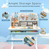 Height adjustable kids study desk in blue with open storage shelves, pen holder, and large drawer for organized study.