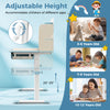 Height adjustable kids study desk in blue with tilt desktop, suitable for ages 3-12, featuring a large drawer and pen.