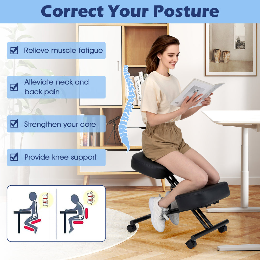 Height adjustable kneeling chair in use, promoting posture correction and core strength with thick padded cushions.