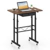 Height adjustable laptop desk in rustic brown with a fabric drawer, lockable wheels, and a recessed tablet holder for versatile use.