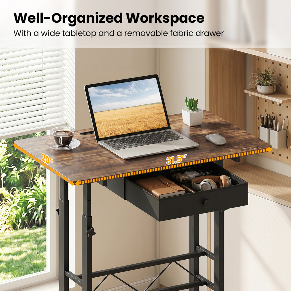 Height adjustable laptop desk in rustic brown with a wide tabletop, removable fabric drawer, and lockable wheels for versatile use.