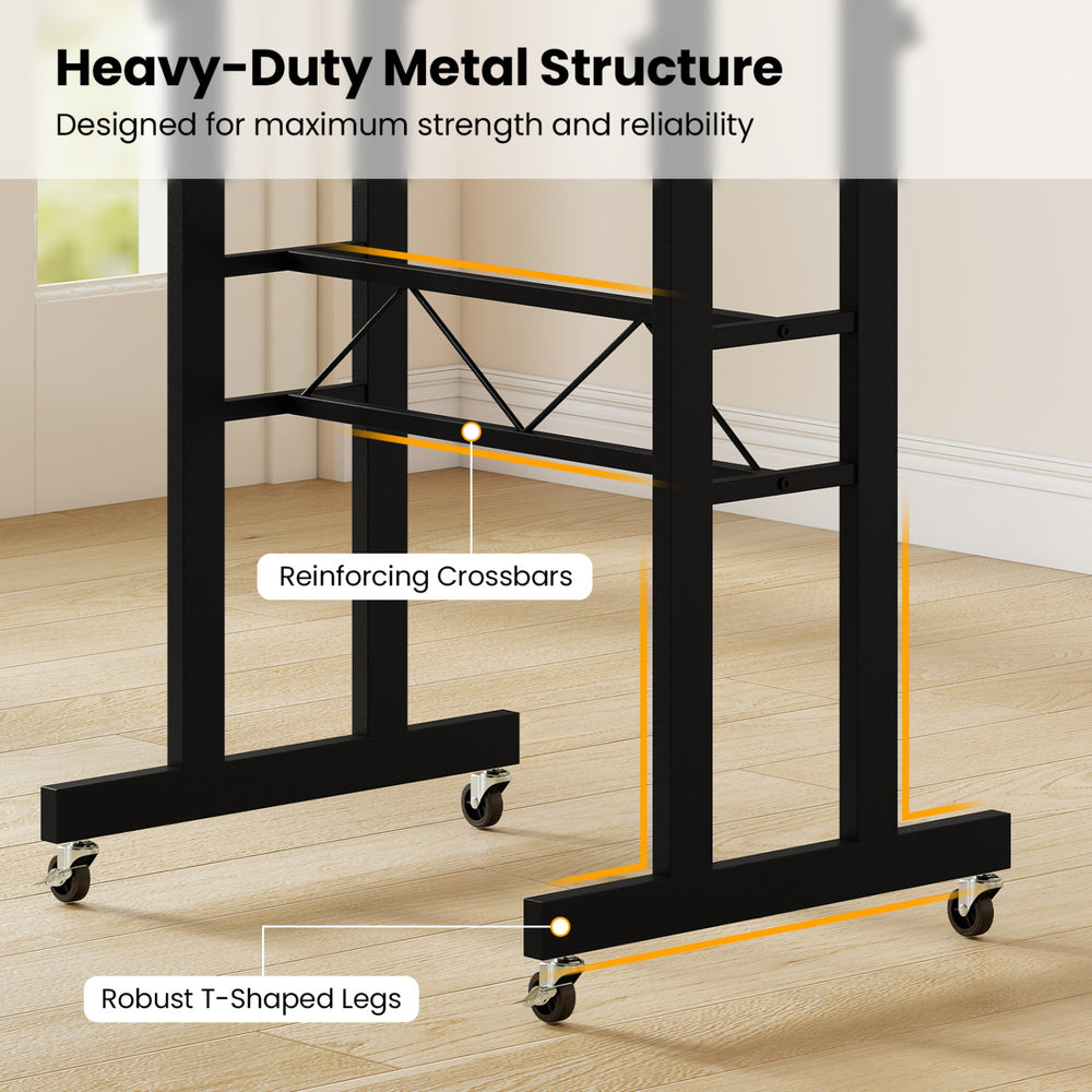 Heavy-duty metal structure of the height adjustable laptop desk features reinforcing crossbars and robust T-shaped legs.