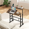 Height adjustable mobile standing desk in rustic brown with power outlets, ideal for ergonomic work and easy mobility.