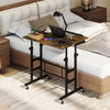 Height adjustable mobile standing desk in rustic brown with wheels, power outlets, and ergonomic tilting tabletop for versatile use.