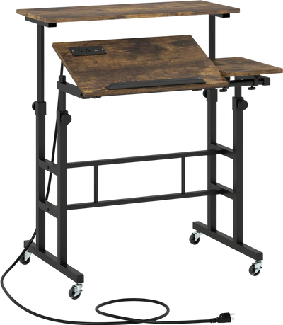 Costway Height Adjustable Mobile Standing Desk w/ Power Outlets Rolling Laptop Cart 99085761 New