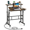 Height adjustable mobile standing desk in rustic brown with power outlets, ergonomic design, and rolling wheels for easy mobility.