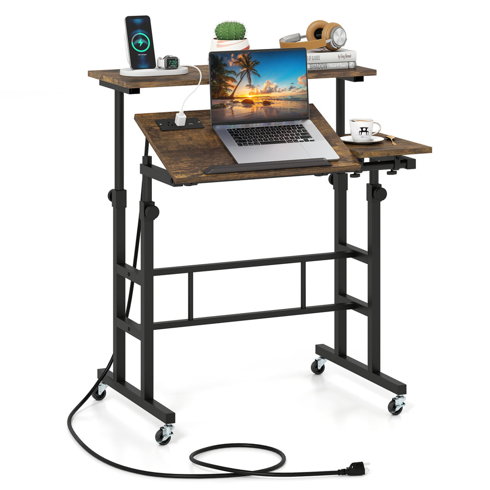 Height adjustable mobile standing desk in rustic brown with power outlets, ergonomic design, and rolling wheels for easy mobility.