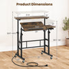 Height adjustable mobile standing desk in rustic brown with power outlets, featuring a tilting tabletop and rolling wheels.