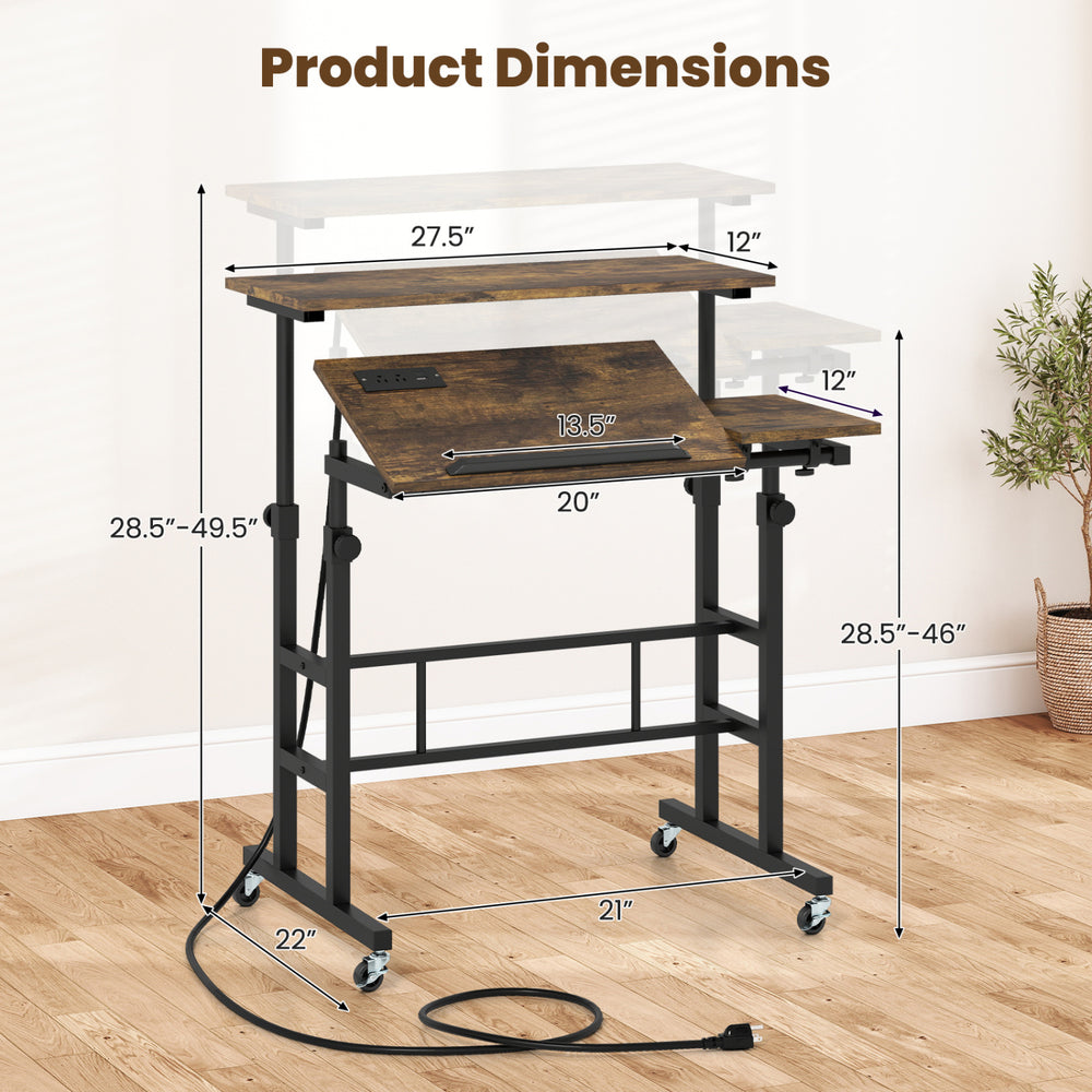 Height adjustable mobile standing desk in rustic brown with power outlets, featuring a tilting tabletop and rolling wheels.
