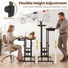 Height adjustable mobile standing desk in rustic brown with ergonomic design, power outlets, and rolling wheels for easy mobility.